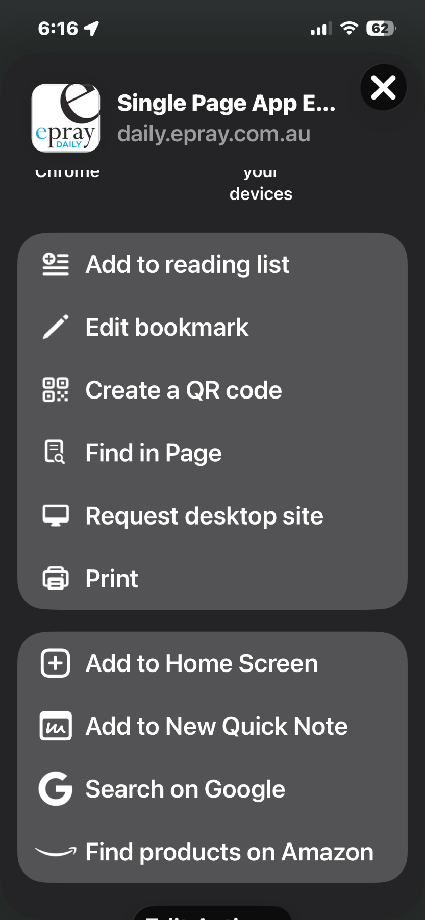 iOS browser menu options