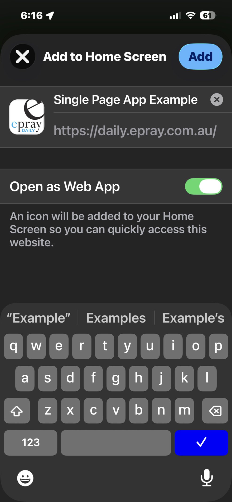 iOS add to home screen option